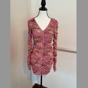 Hansen & Gretel Pink Floral Ruched Mesh Mini Dress | Size M